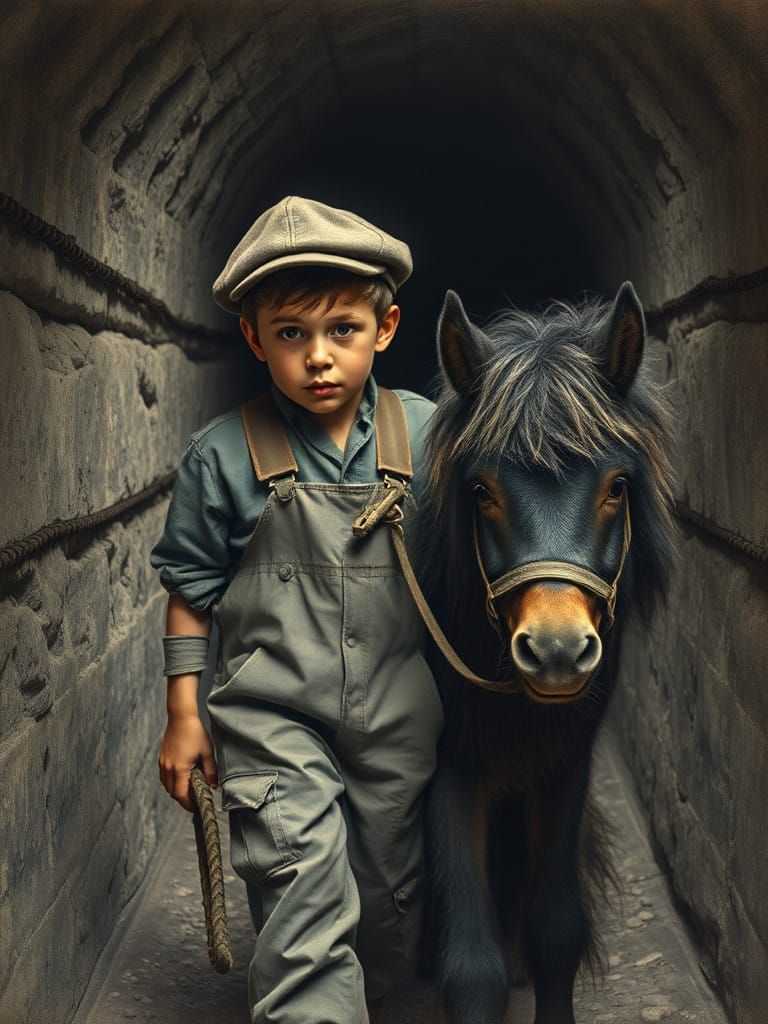 Child Leads Shaggy Pony Through Coal Mine
