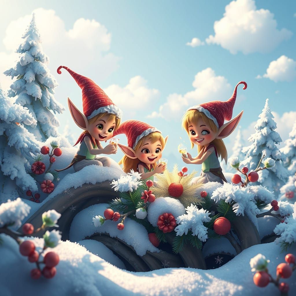 Whimsical Elves in a Fantastical Snowy Wonderland