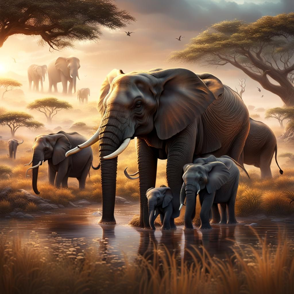 Elephant Family in Savannah: Detailed Fantasy Art