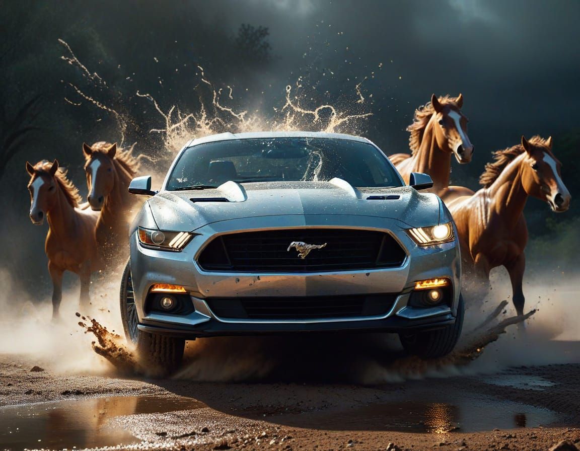 Wild Horses Bursting From a Mustang: Surreal Image
