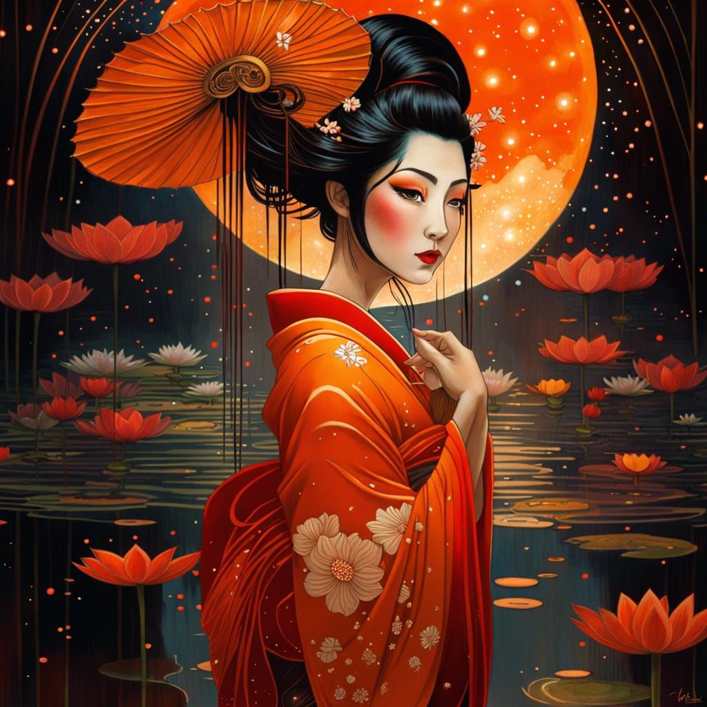 Geisha in Orange and Red Kimonos: Hyperdetailed Street Art