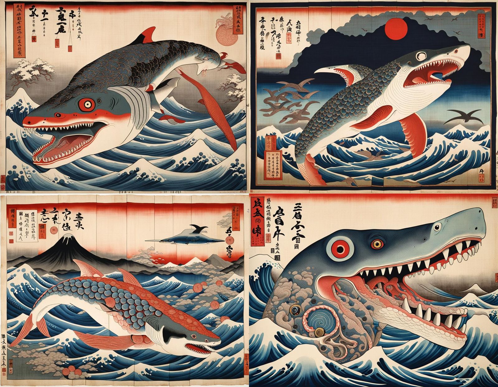 Disturbing Ukiyo-e Hybrid Creature with Visible Organs
