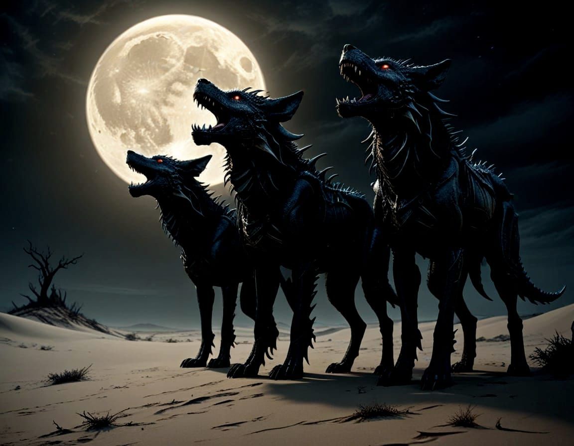 Dragon-Wolves Howling at Moon in Desert Landscape