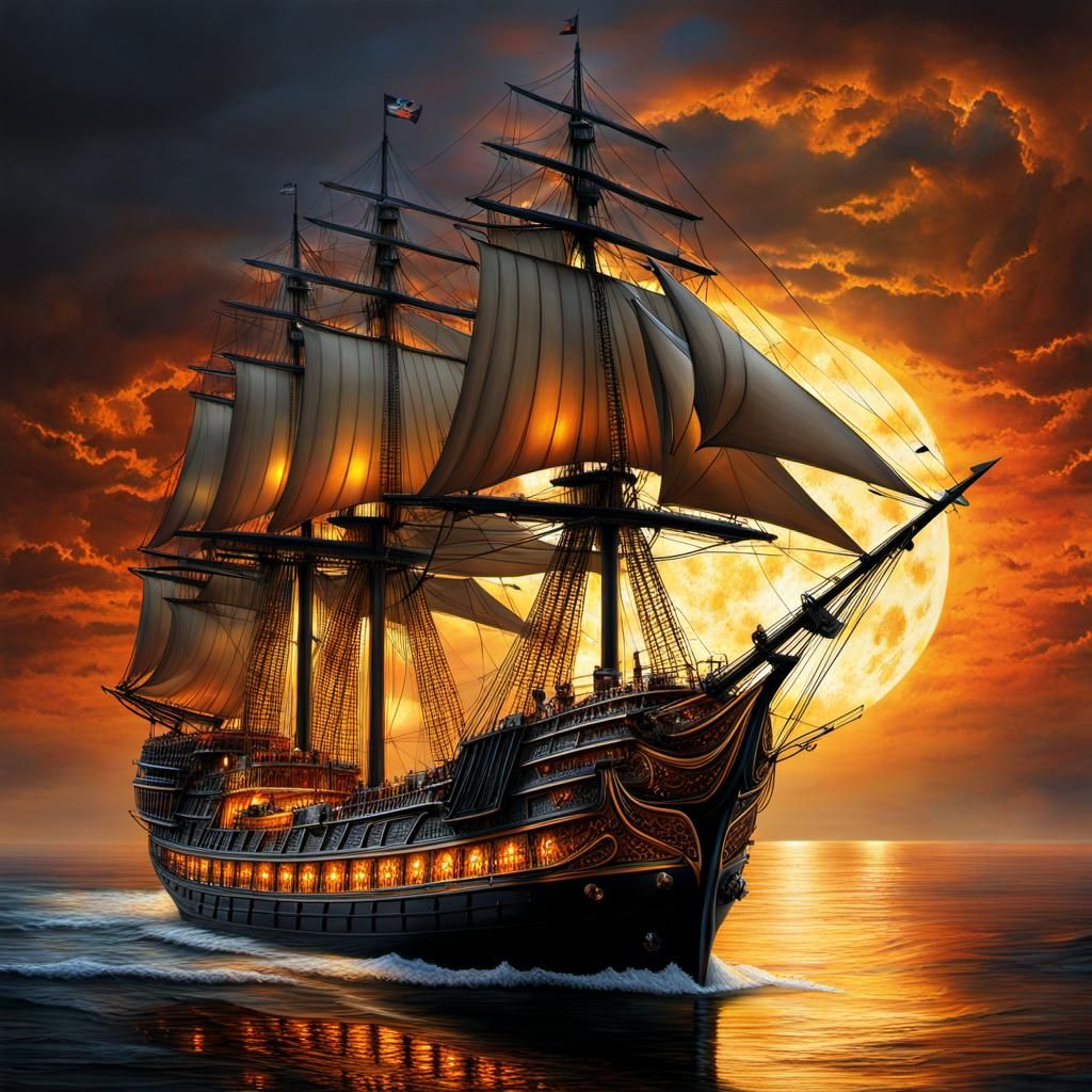 Sailing Frigate in Magical Realism Style