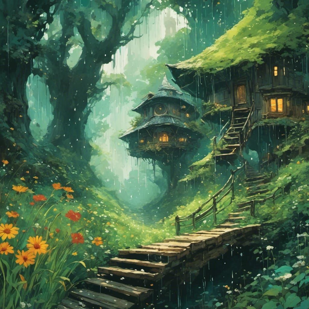 Rainy Tree Houses in Tall Grass