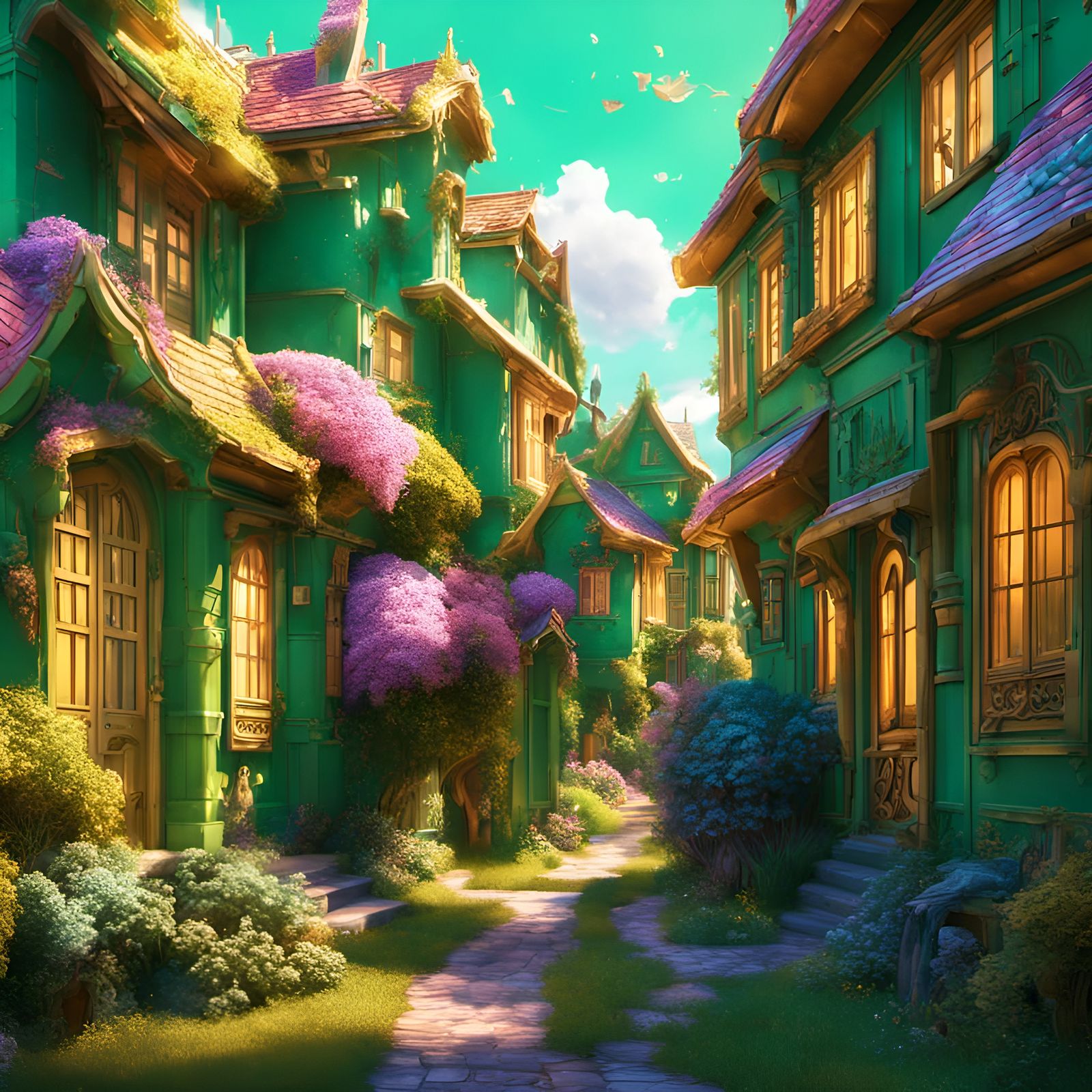 Vibrant Pastel Green Fantasy Realm with Happy Community