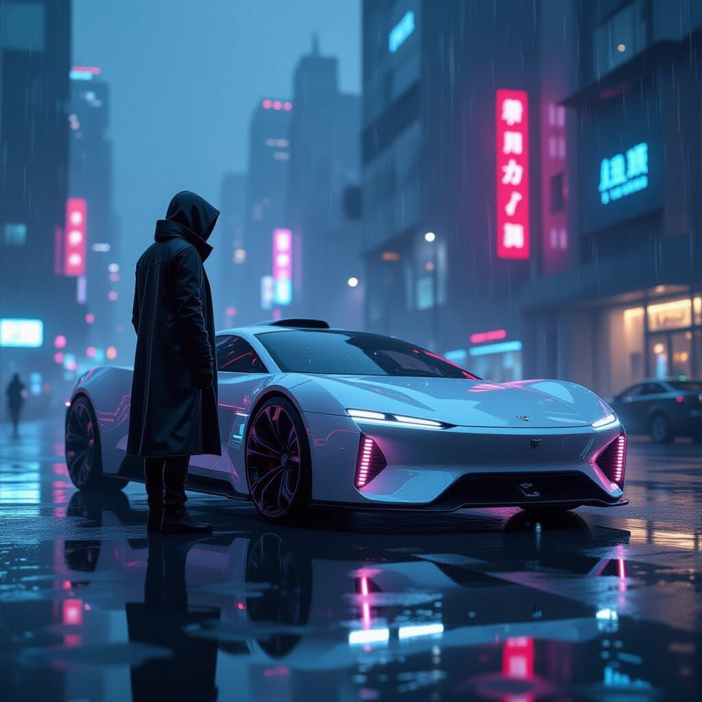 Futuristic Figure in Neon Cityscape, Hyperrealistic Digital ...
