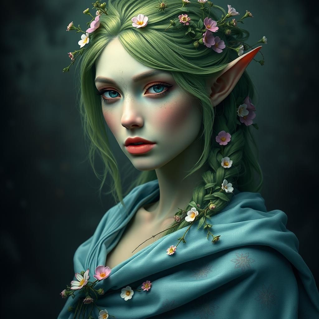 Elegant Elf Woman with Flowers, Necrotic Scars