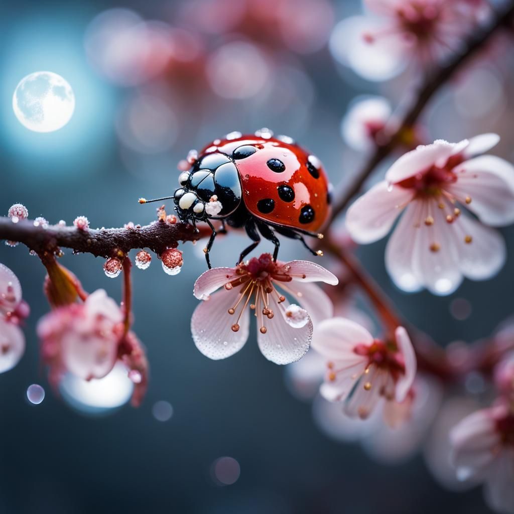 Macro Ladybug on Bioluminescent Cherry Blossoms