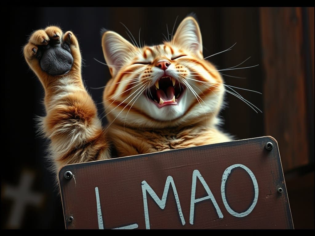 Joyful Cat Laughing Holding LMAO Sign