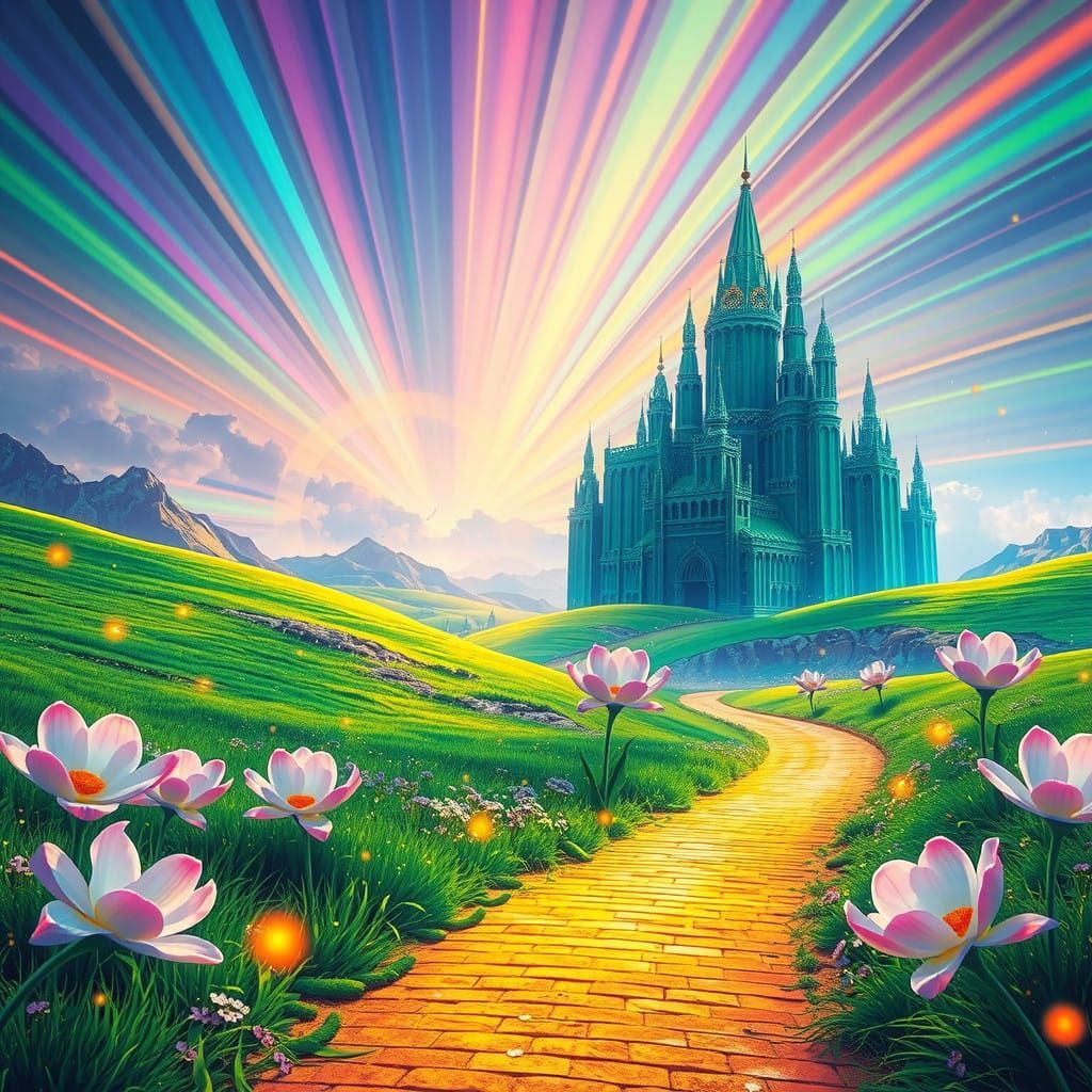 Surreal Emerald Landscape with Futuristic Castle and Celesti...