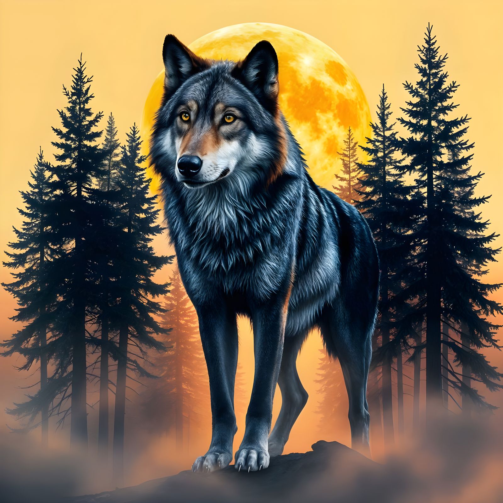 Majestic Gray Wolf Under Pastel Moonlight