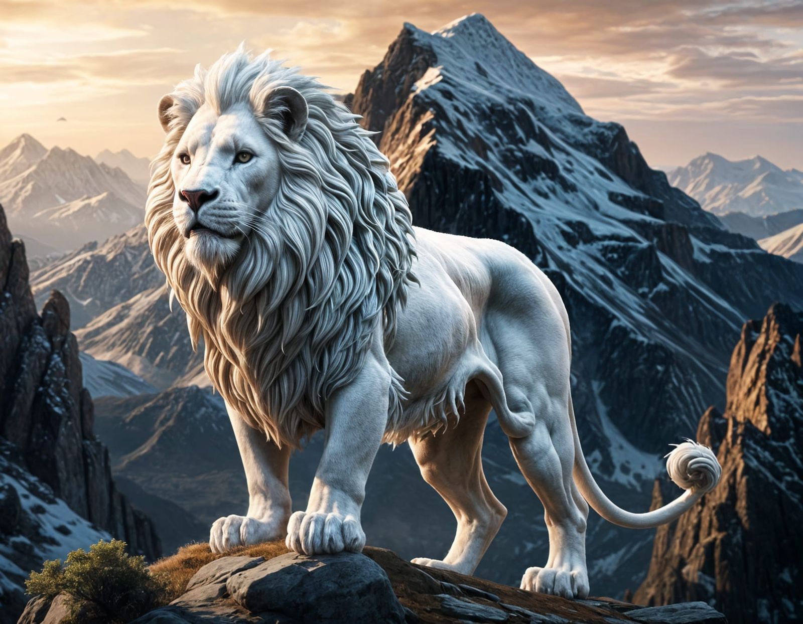 Majestic White Lion on Snowy Peak at Dawn