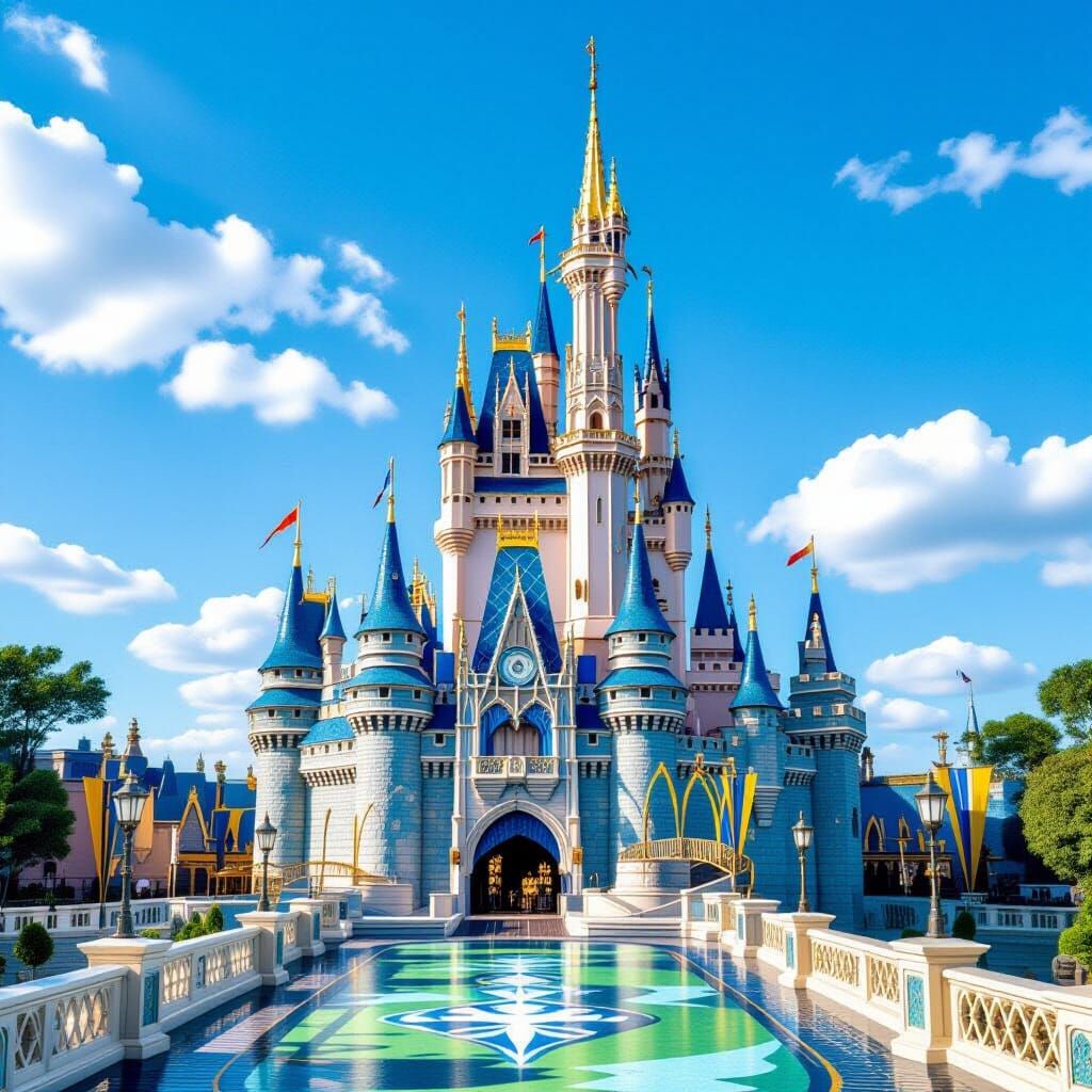 Golden Floating Castle Amidst Blue Sky and Green Ground