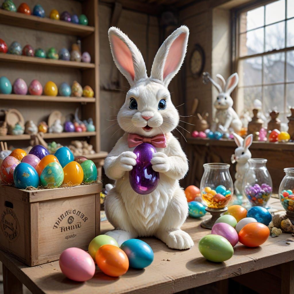 Easter Bunny Blows Colorful Glass Easter Eggs in Workshop