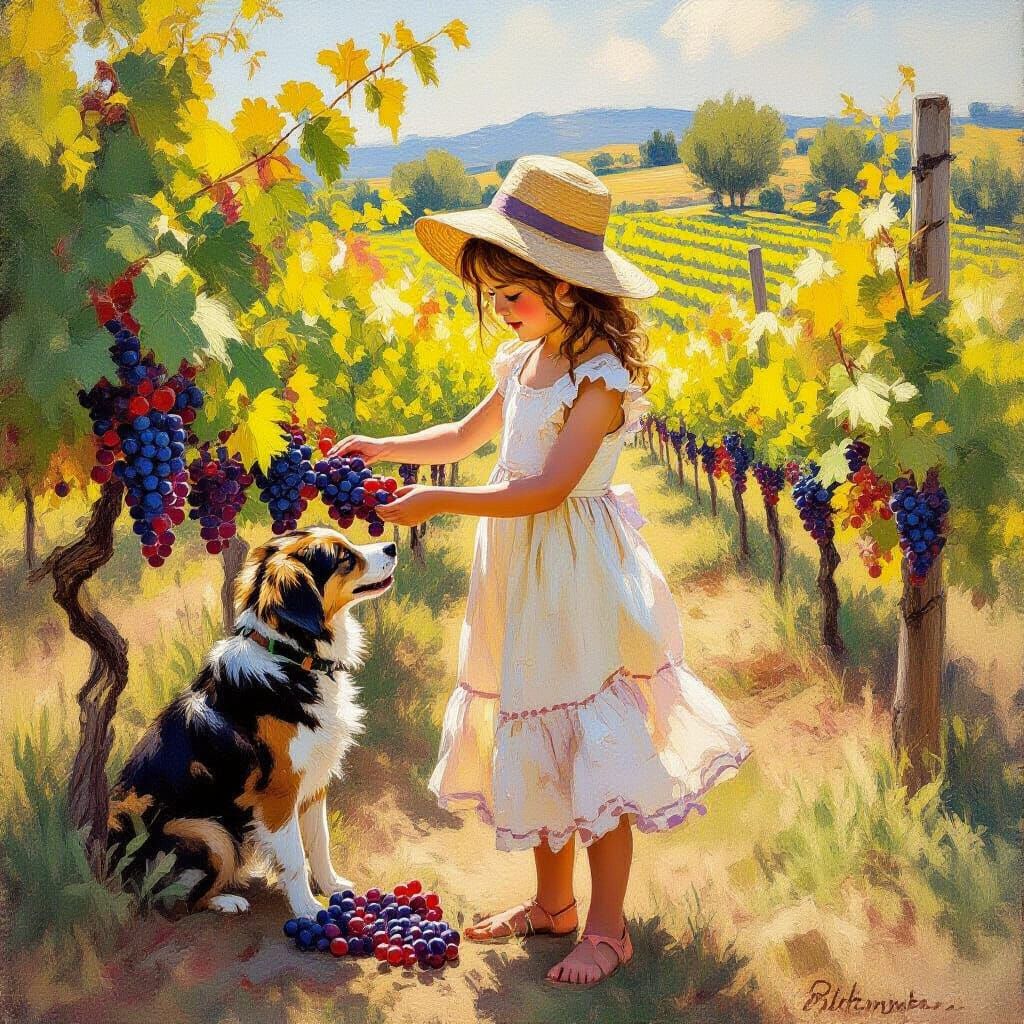Girl and Dog Harvesting Grapes: Impressionist Style