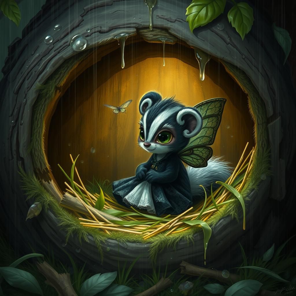 Whimsical Fairy's Rainy Refuge in a Cozy Skunk Hollow