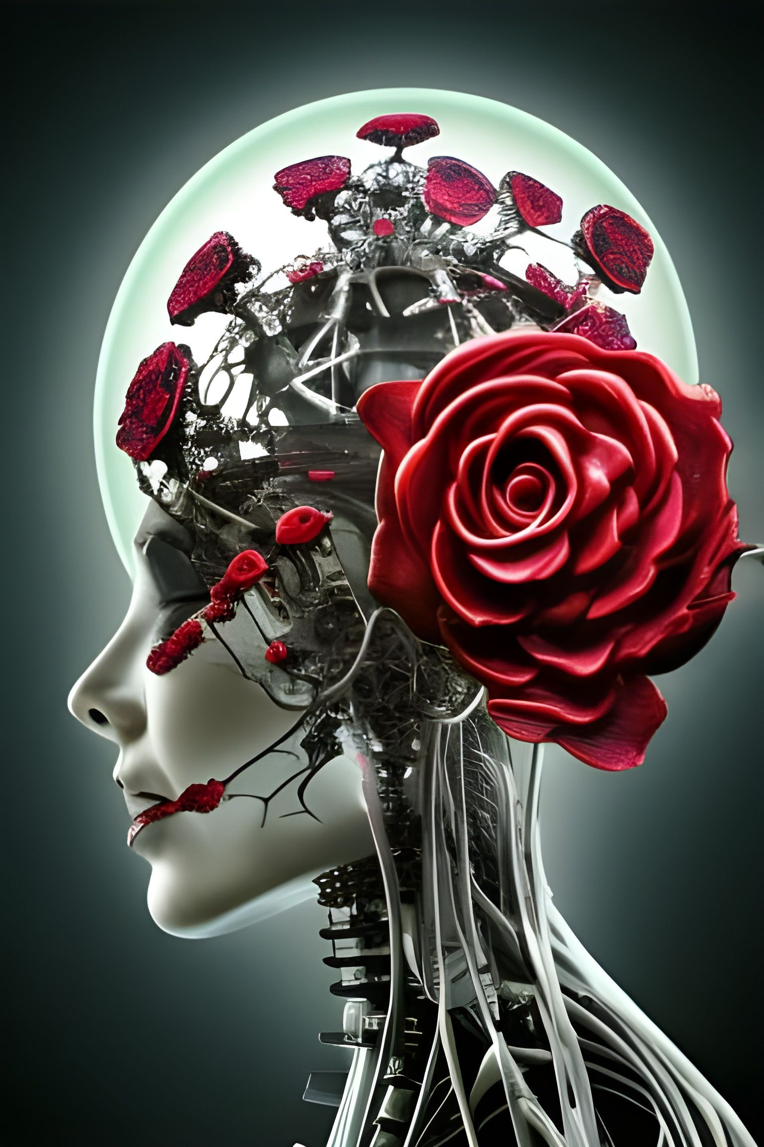Biomechanical Roses on Cybernetic Cyborg in Biopunk Style