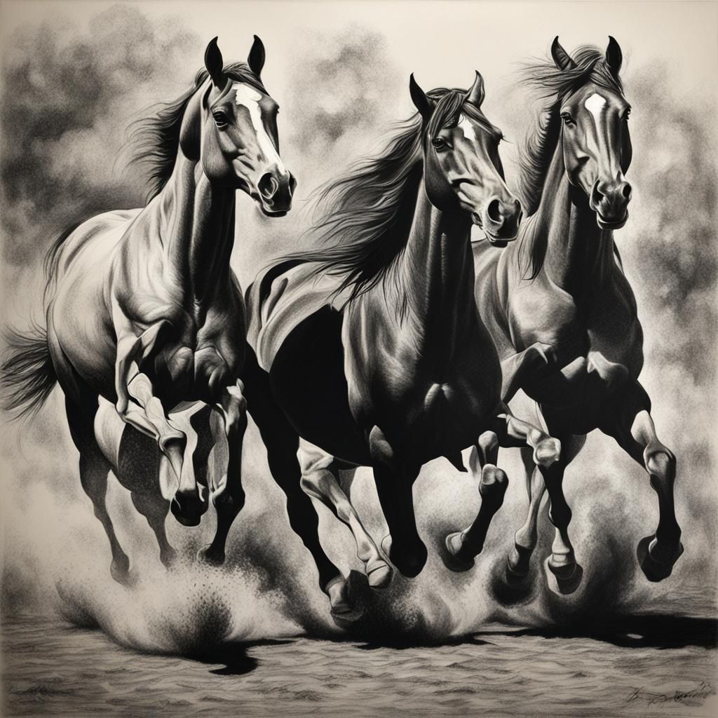 Hyperdetailed Charcoal Drawing of Horses