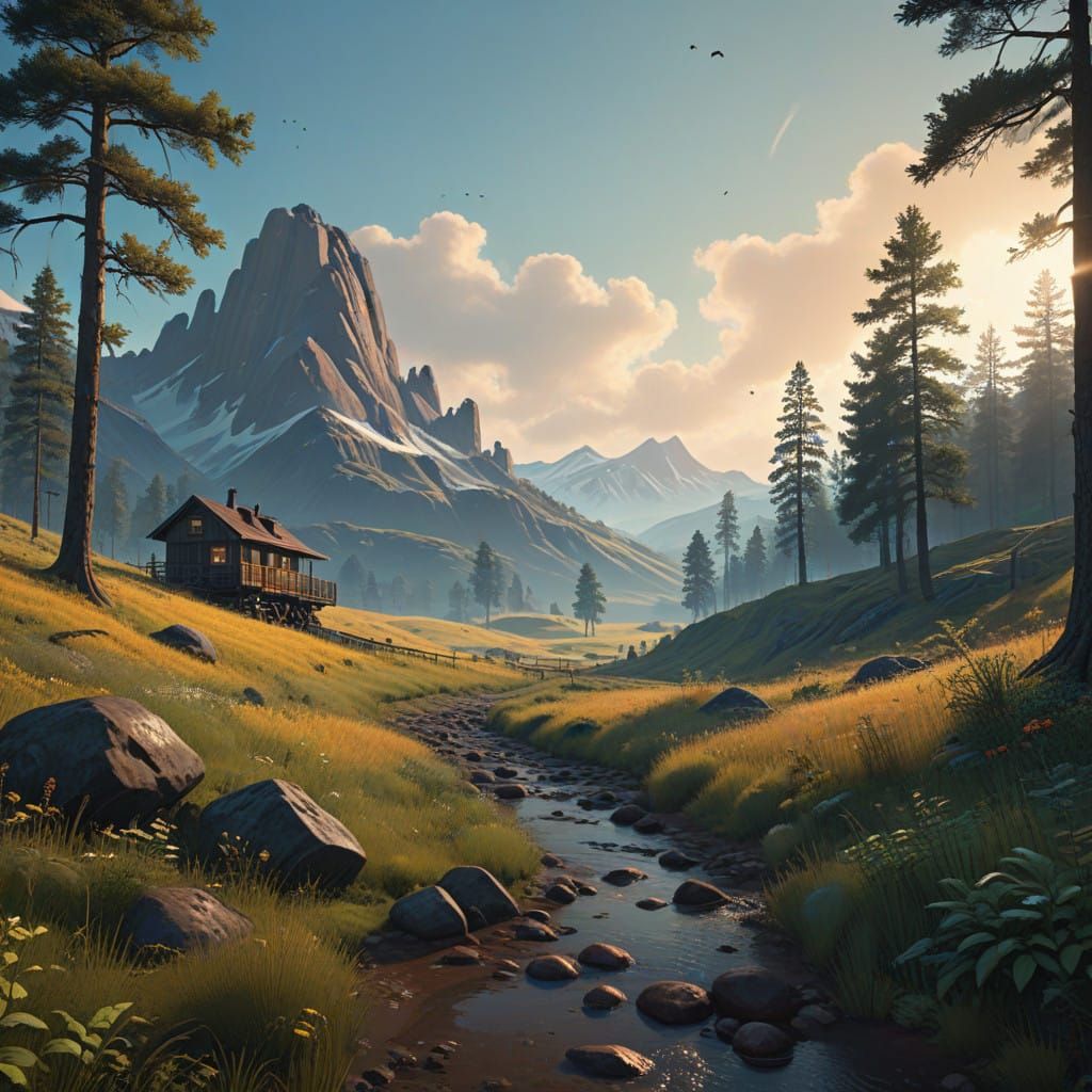 Dreamlike Landscape with Verdant Hills and Soft Morning Ligh...