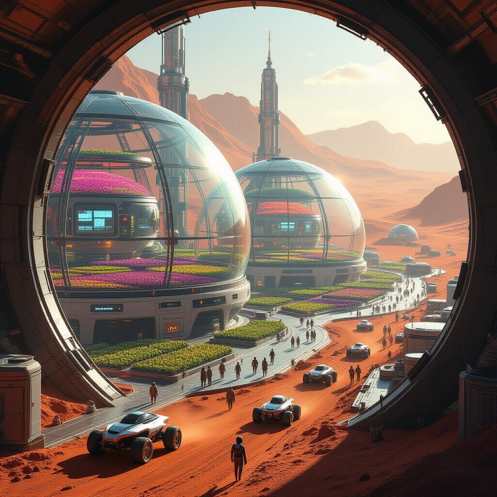 Bustling Martian City Under Dome with Hydroponic Farms