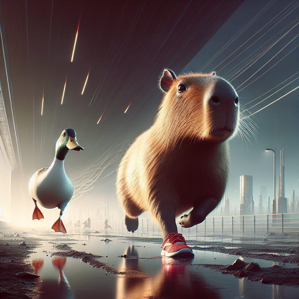 Capybara and Duck Marathon in Sci-Fi Style