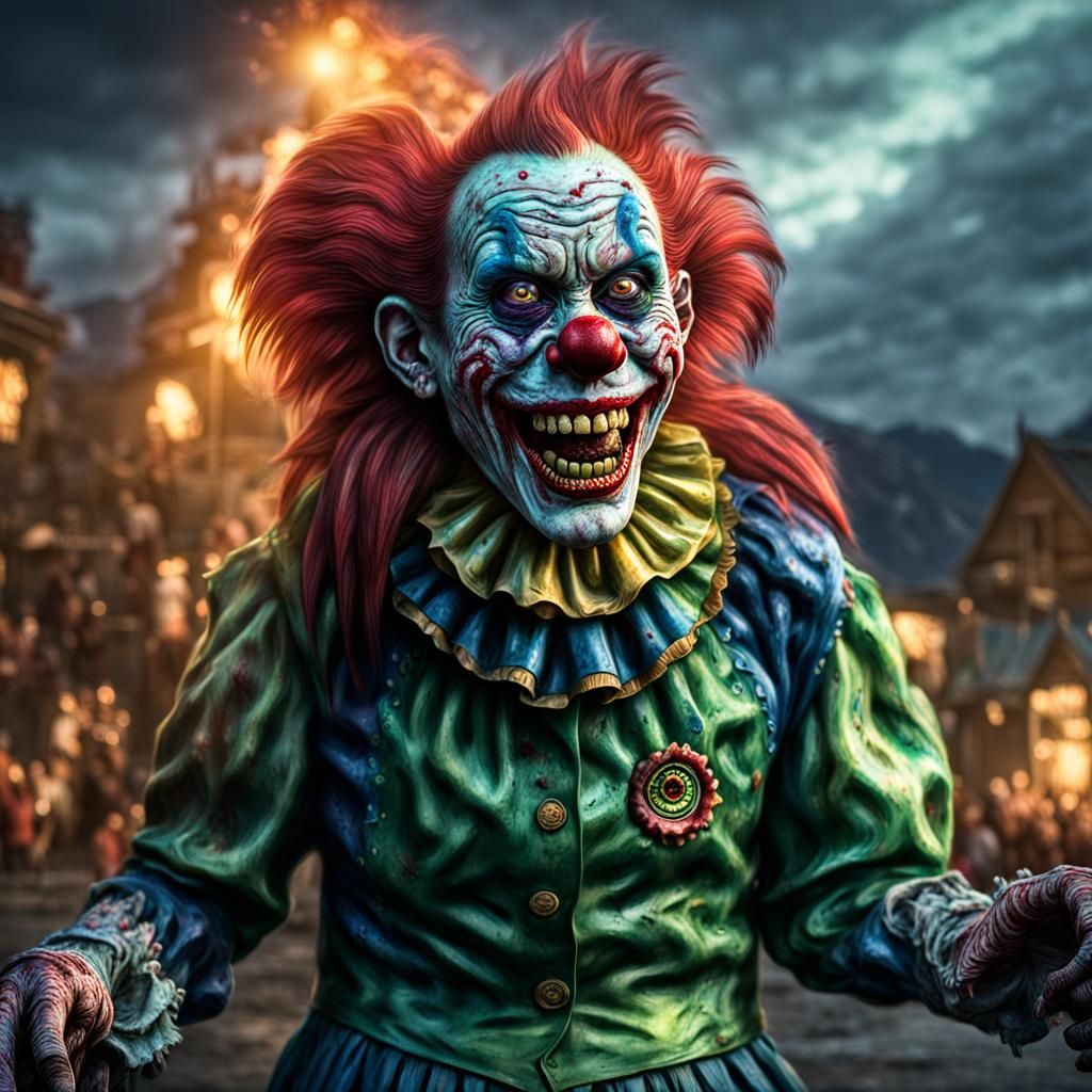 Hyperrealistic Zombie Monkey Clown with Maniacal Grin