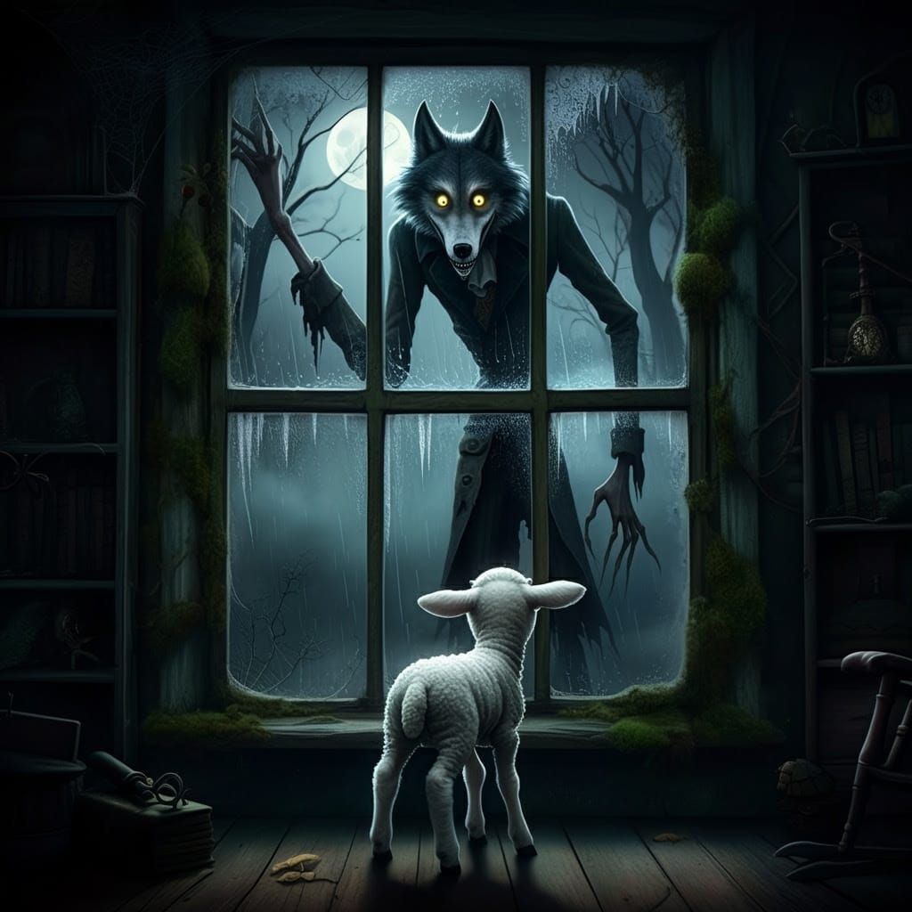 Lamb and Wolf in Gothic-Surreal Style