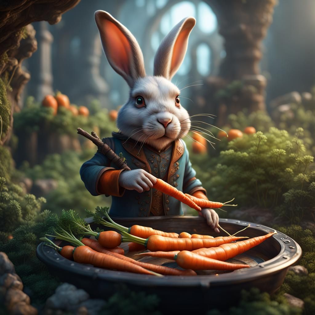 Rabbit and Carrot in Detailed Matte Painting Style