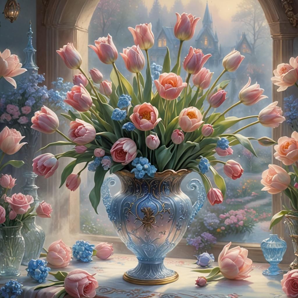 Ethereal Vase with Roses and Tulips in Soft Focus