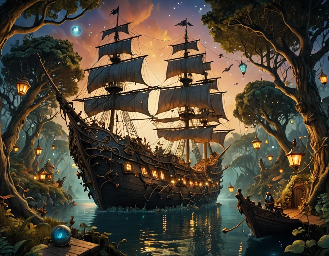 Enchanted Flying Pirate Ship in Fantasy Landscape