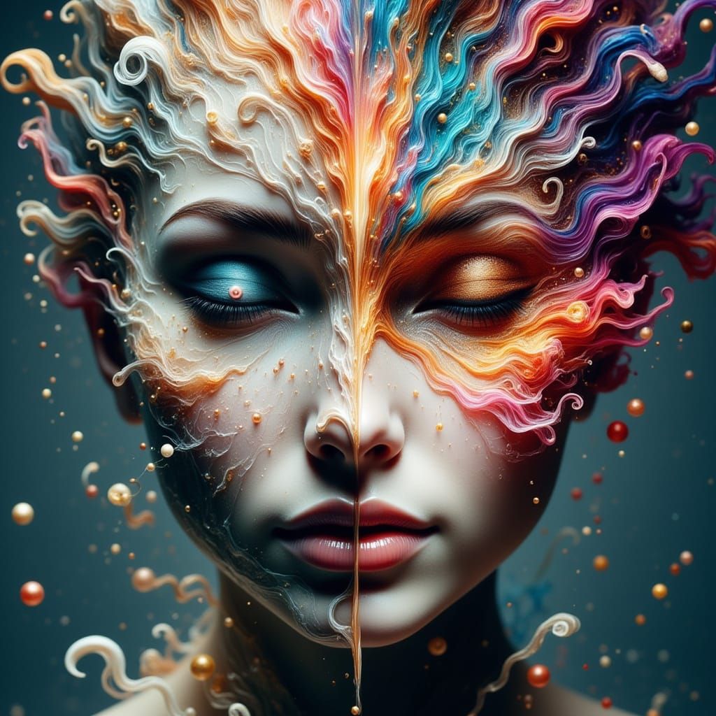 Dual Portrait: Porcelain Mask and Abstract Explosion