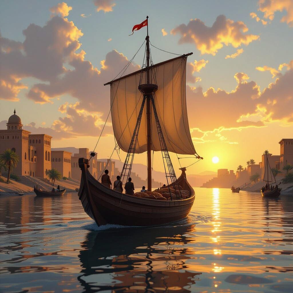 Ancient Egyptian Cargo Ship Sails Nile at Sunset