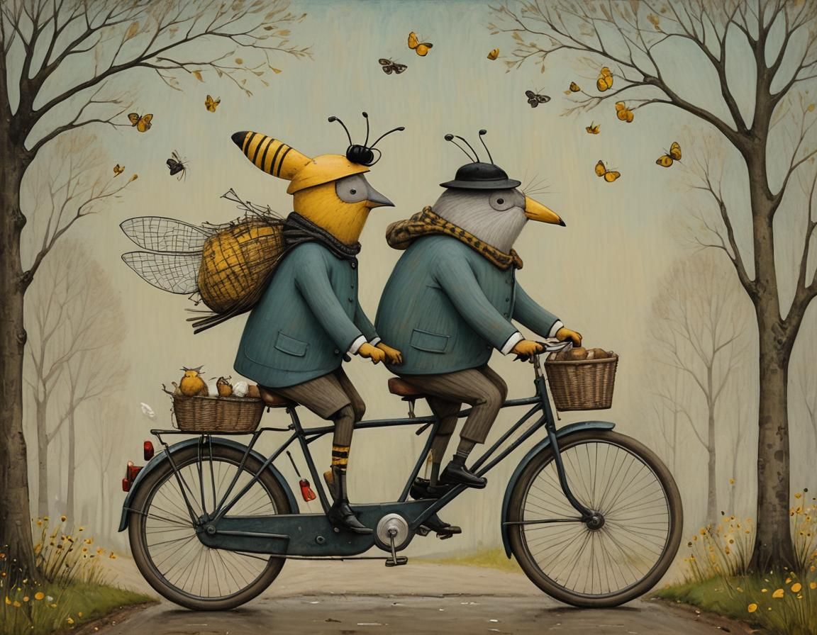 Whimsical Tandem Bike Ride Illustration