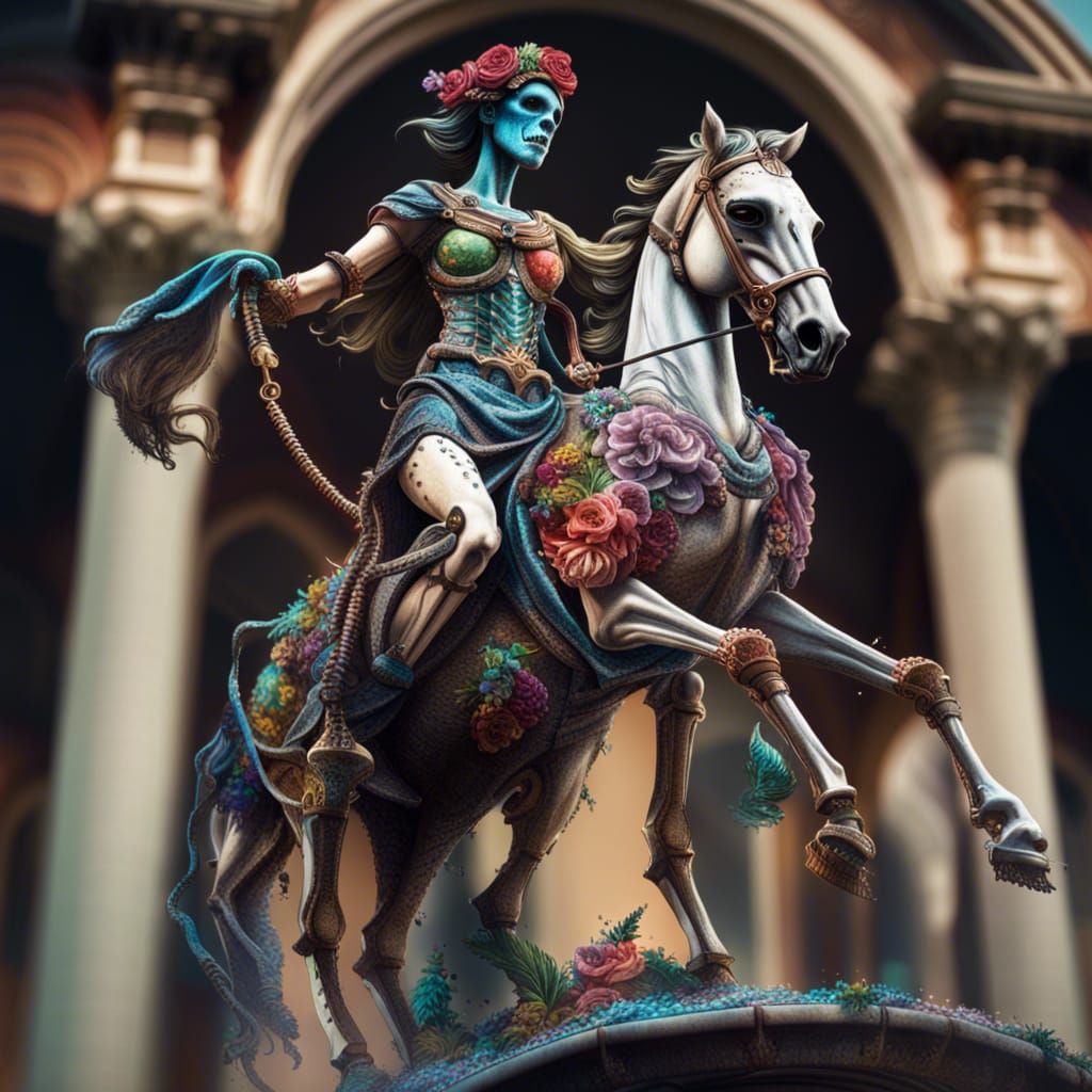 Hyperrealistic Skeleton Lady Justice on Horse