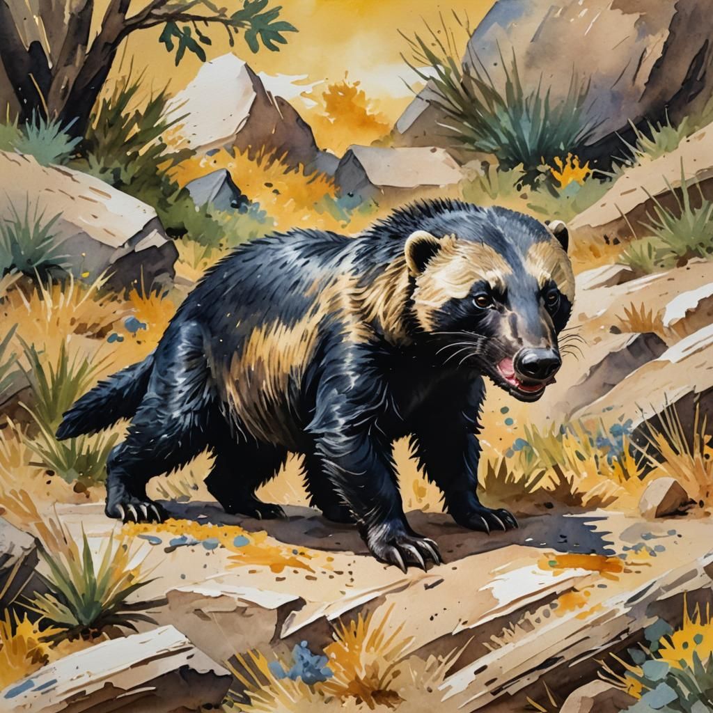 Honey Badger in Gouache Style Impressionist Painting