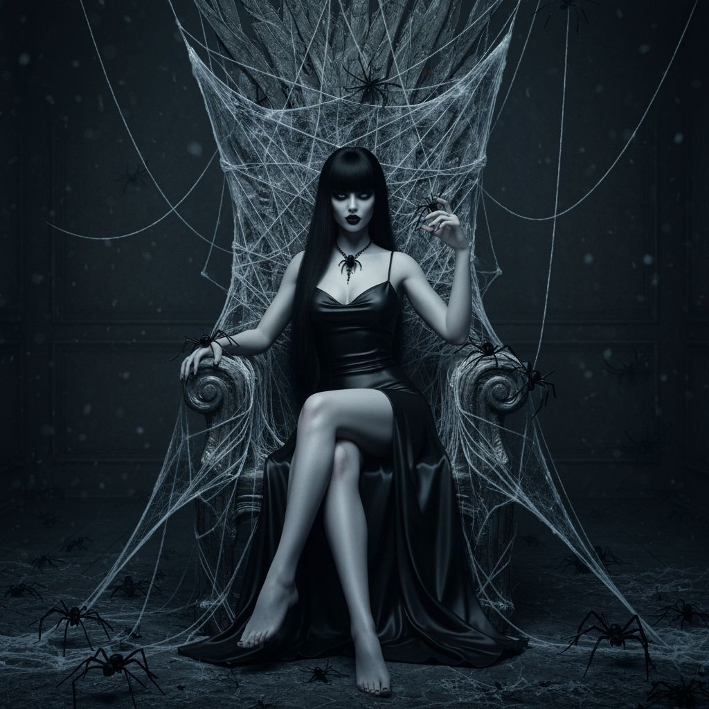 Eerie Goth Woman on Spiderweb Throne