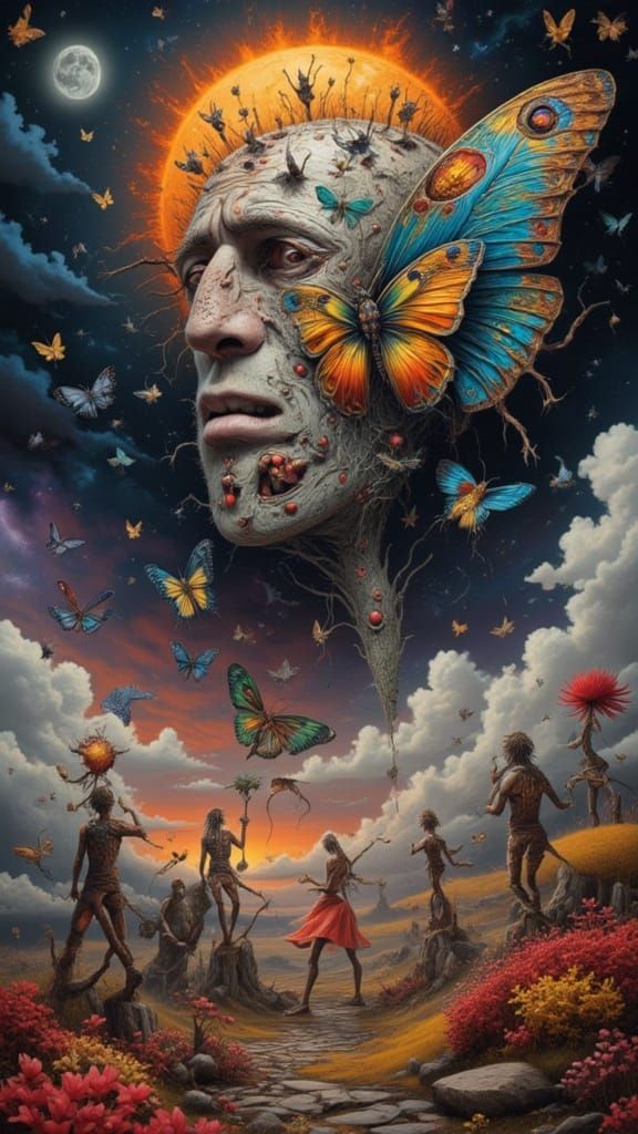 Man Mutation with Peacock and Fractal Face in Dreamscape