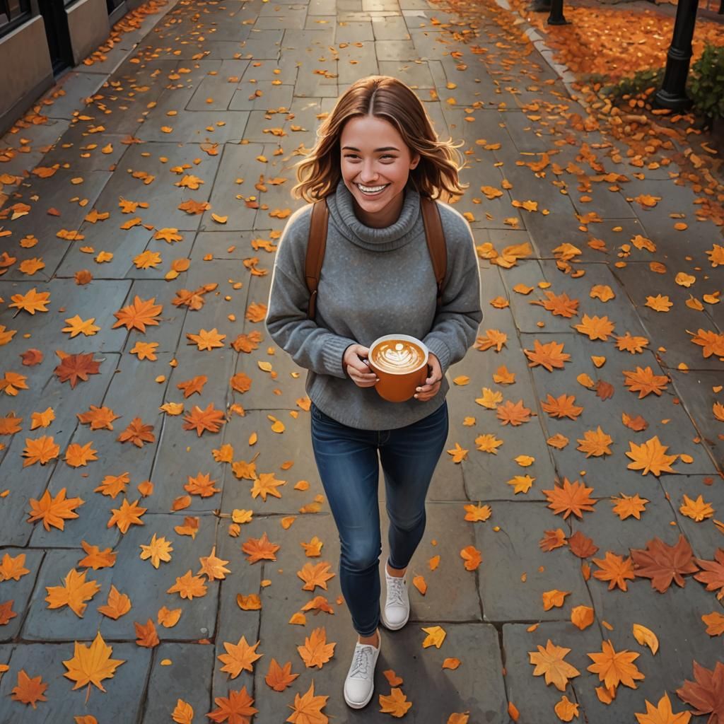 Autumn Walk with Latte: Hyperrealistic Concept Art