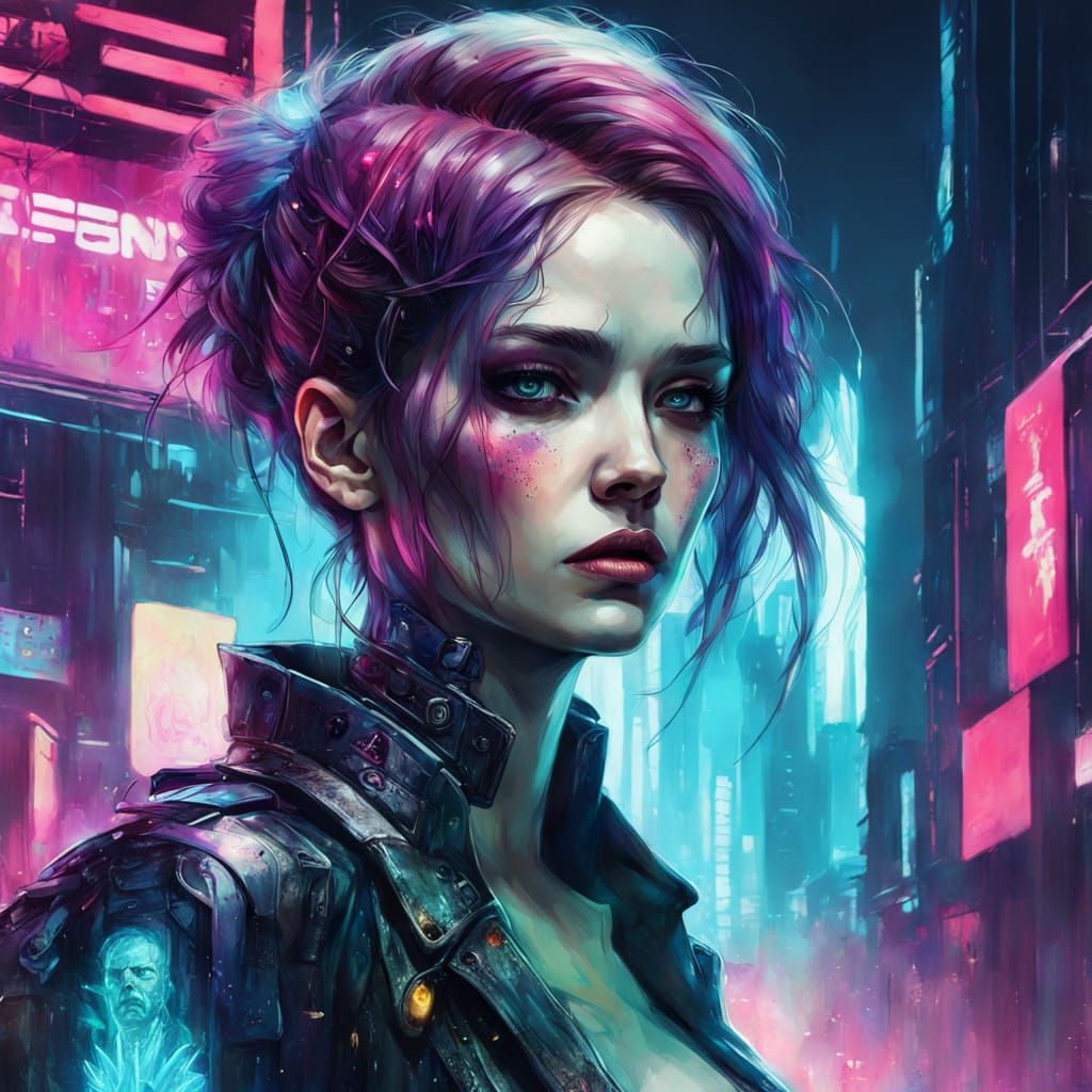 Gritty Cyberpunk Cityscape in Neon Lights