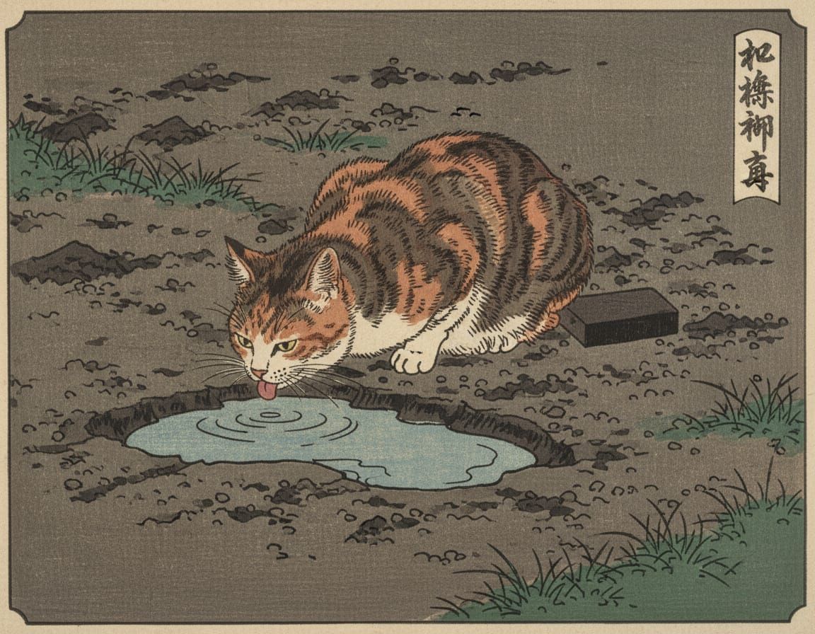 Calico Cat Sipping Water: Ukiyo-e Woodblock Print