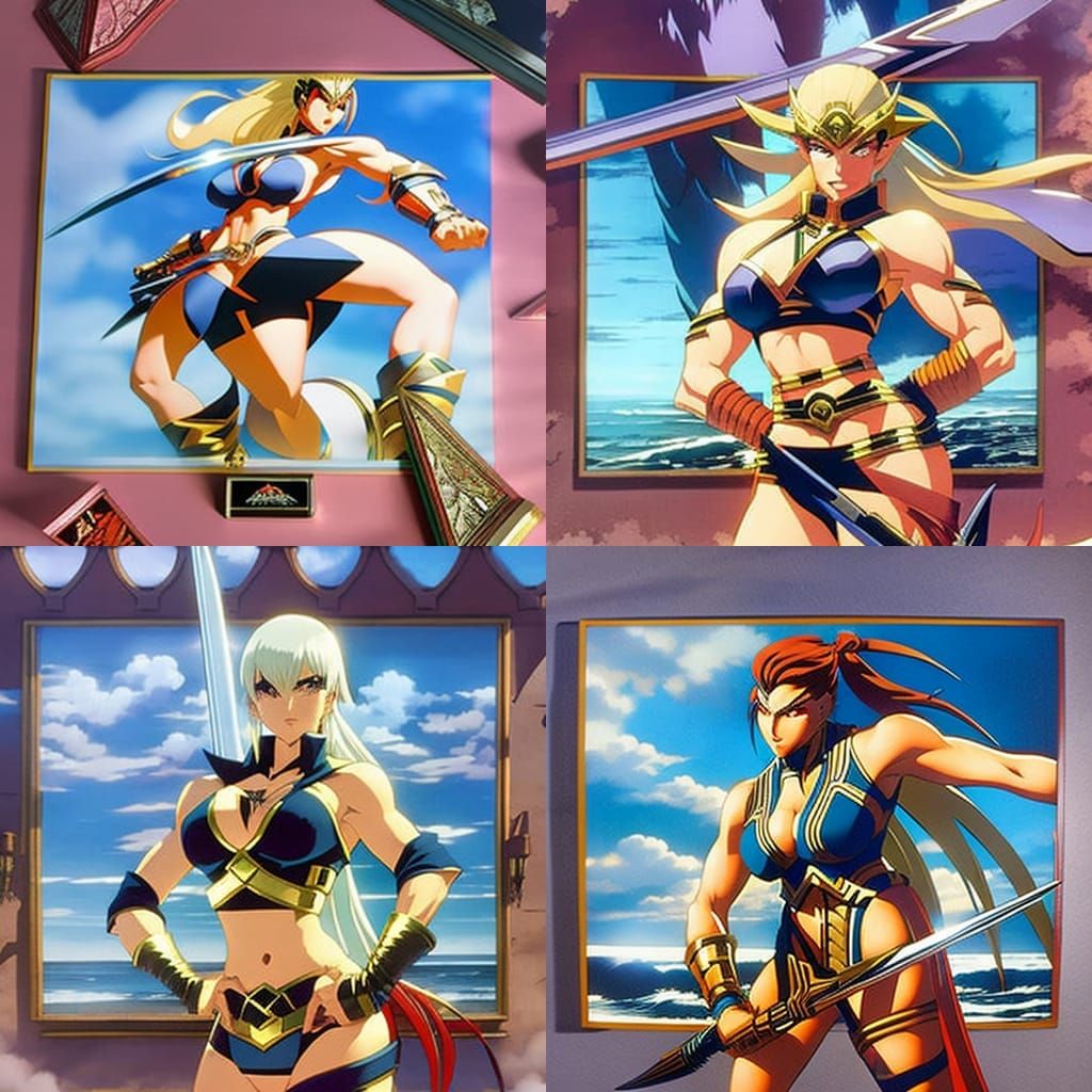 Beautiful female bodybuilder Tina Lockwood as a anime style fighter posing in a white bikini, ripped muscles, smiling,Wh...