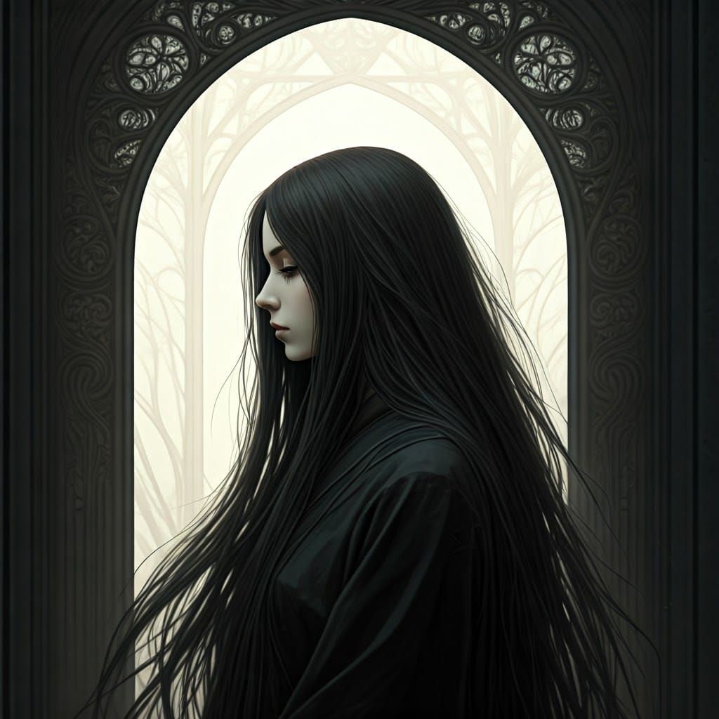 Minimalist Ink Art of Lady with Intricate Hair