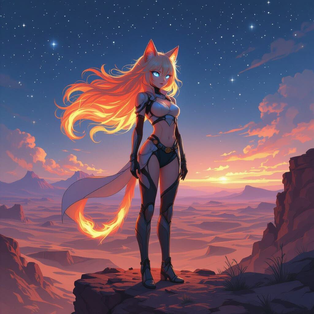 Anime Catgirl with Fire Mane Overlooking Starry Desert