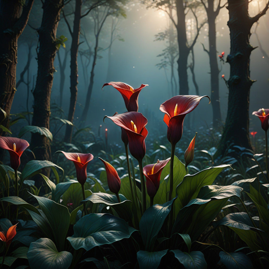 Ethereal Red Calla in Mystical Forest, Fantasy Concept Art