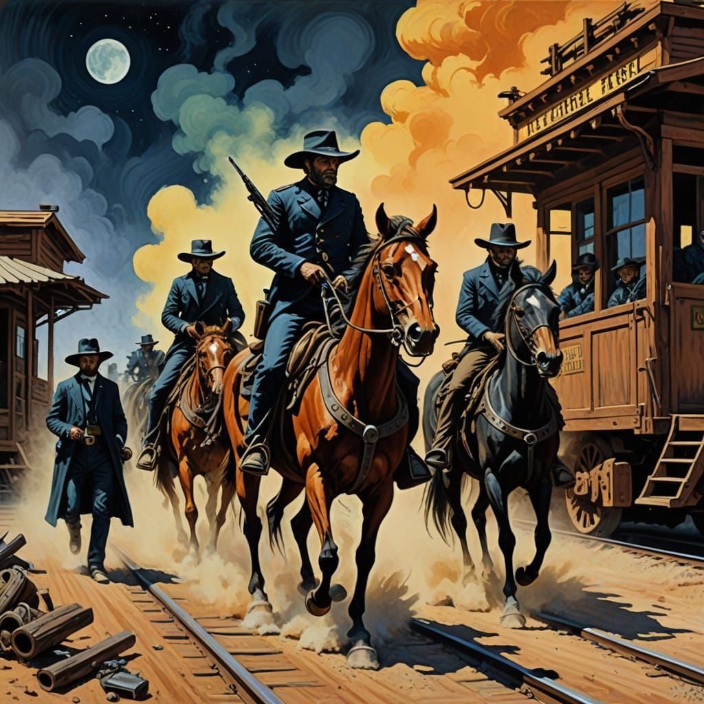 Wild West Train Robbery with Aliens in Gouache Style