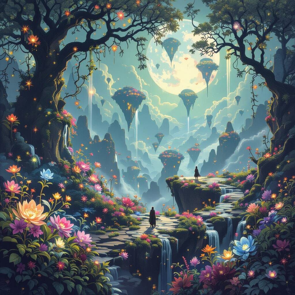 Fantastical Moonlight Landscape with Floating Islands
