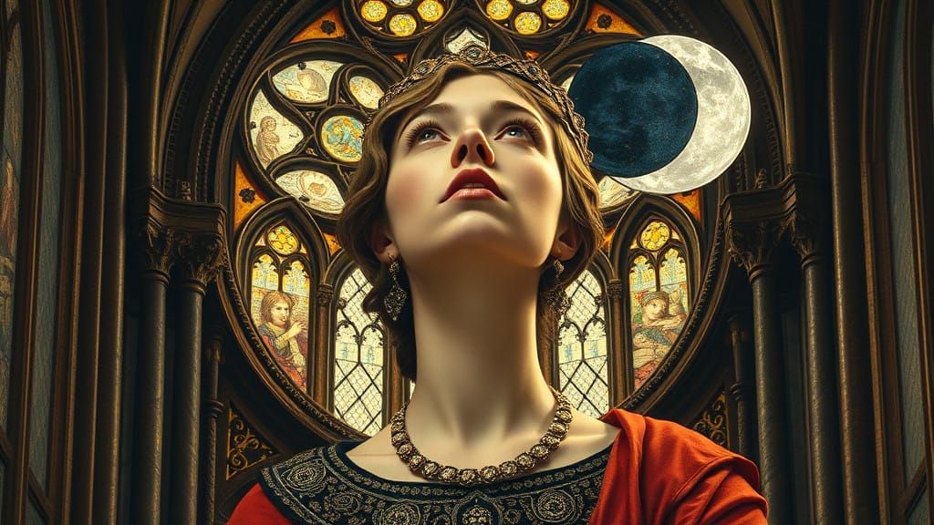 Elegant Gothic Woman Embracing Sun and Moon Through Pointed....