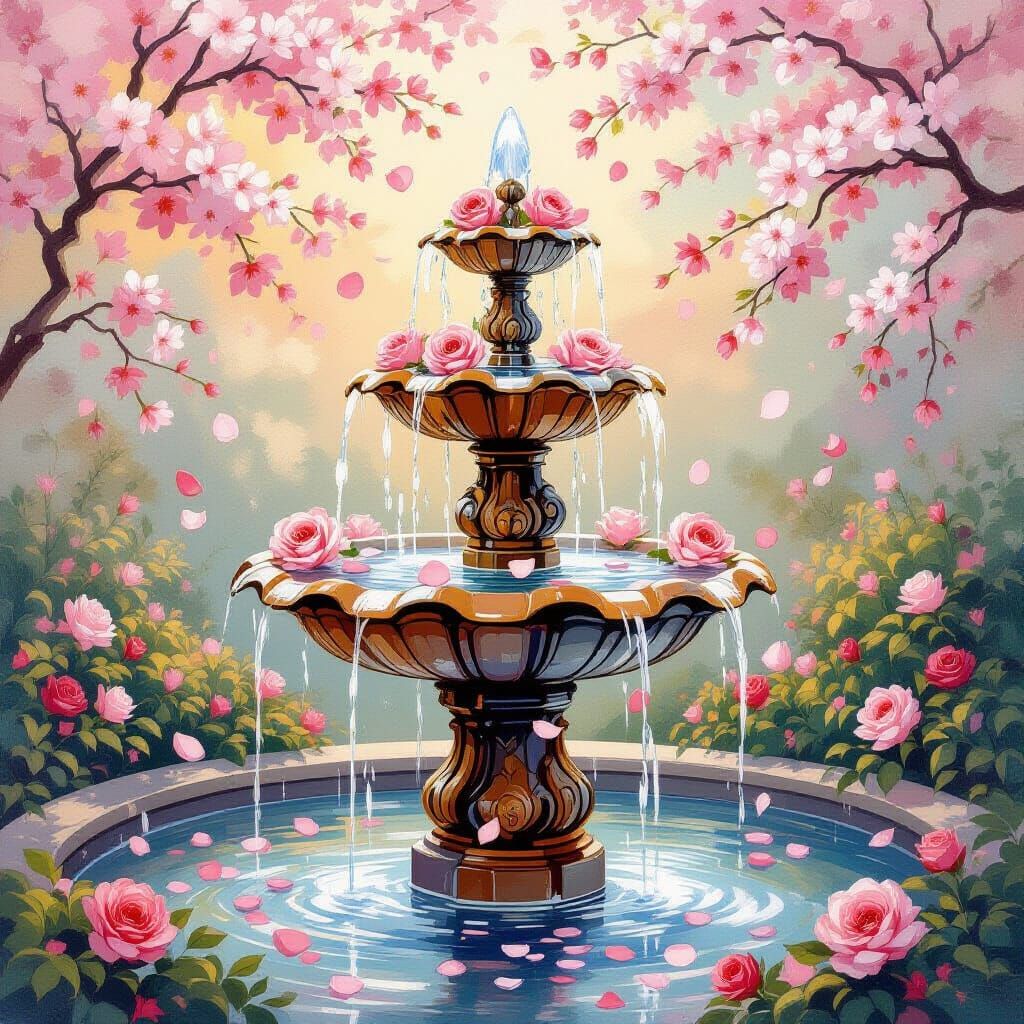 A romantic garden fountain with roses and cherry blossoms, p...