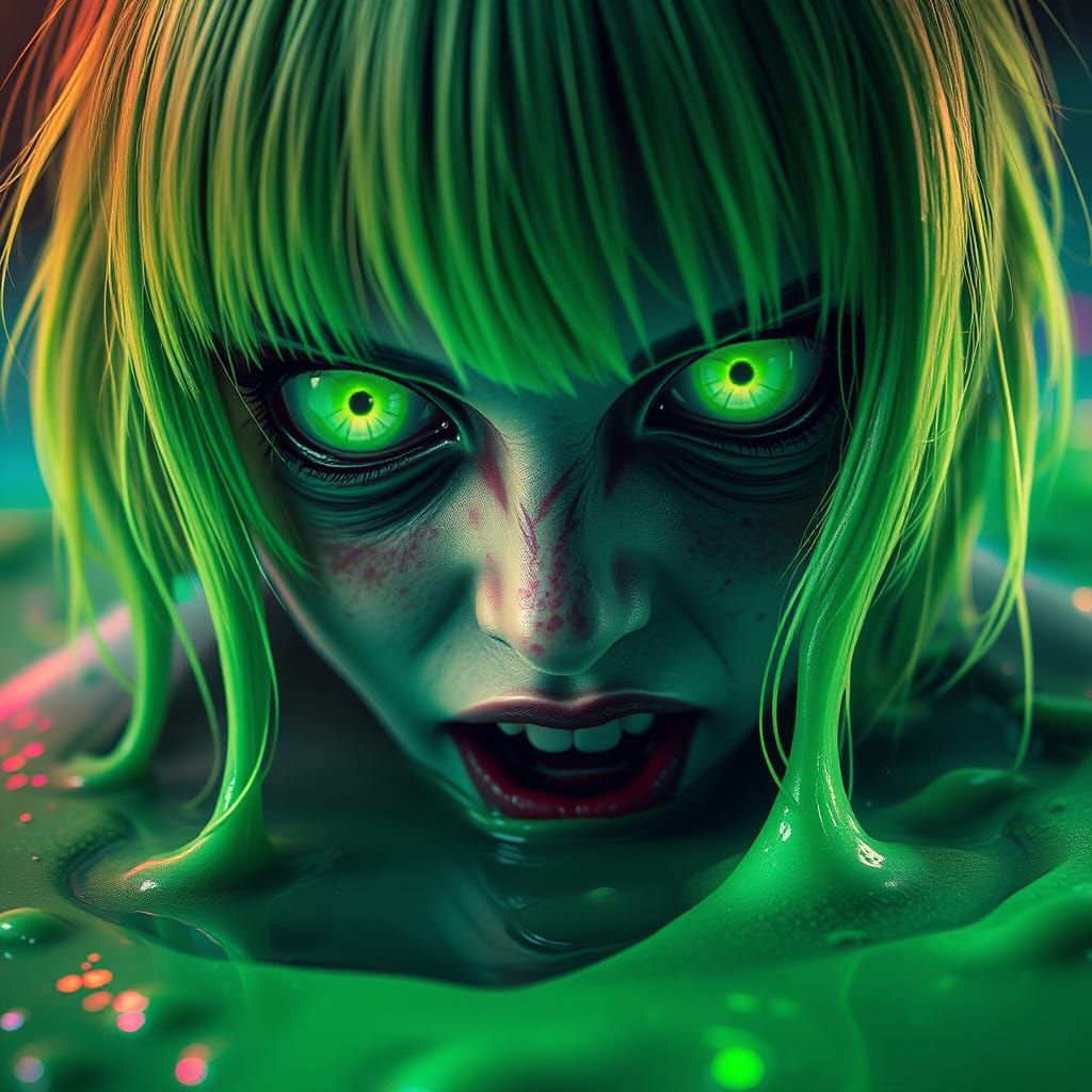 Retro-Futuristic Zombie Girl Rises from Neon Green Goo